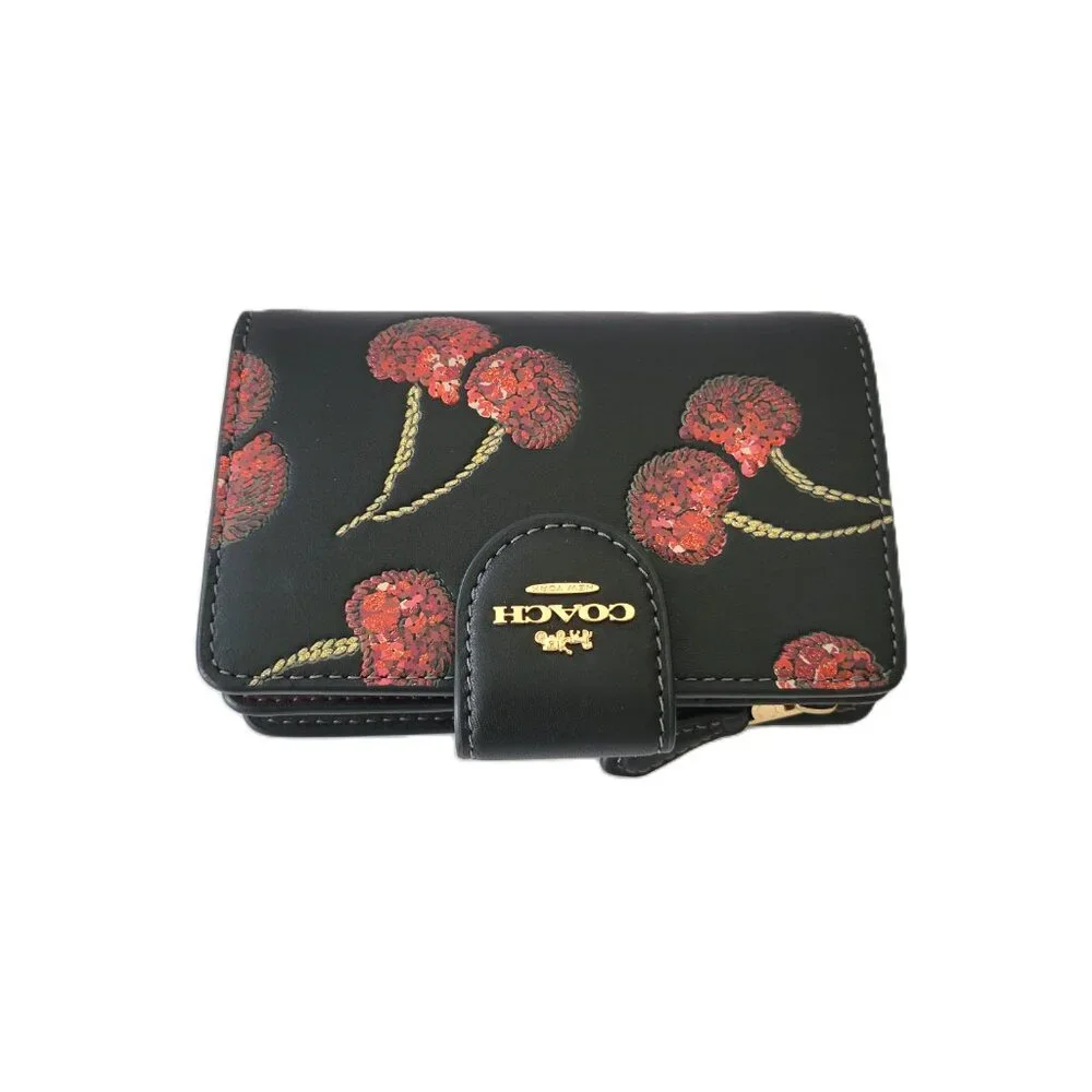 Coach CDF10 Medium Corner Zip Cherry Bifold Wallet Smooth Leather Black Multi - Picture 5 of 7